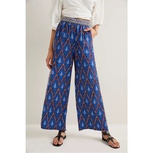 Anthropologie Value Blue Aztec Printed Wide Leg Pull On Pants Sz M‎